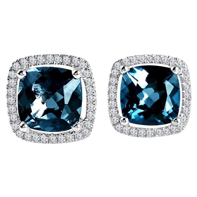 3.73 Carat London Blue Topaz and Diamond Halo Stud Earrings in 14W ref1130 For Sale