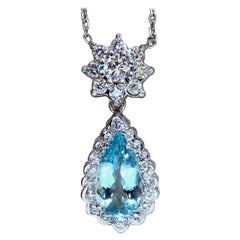 3.73 Carat Natural Pear Aquamarine Diamonds Necklace Cluster Halo Drop 14 Karat