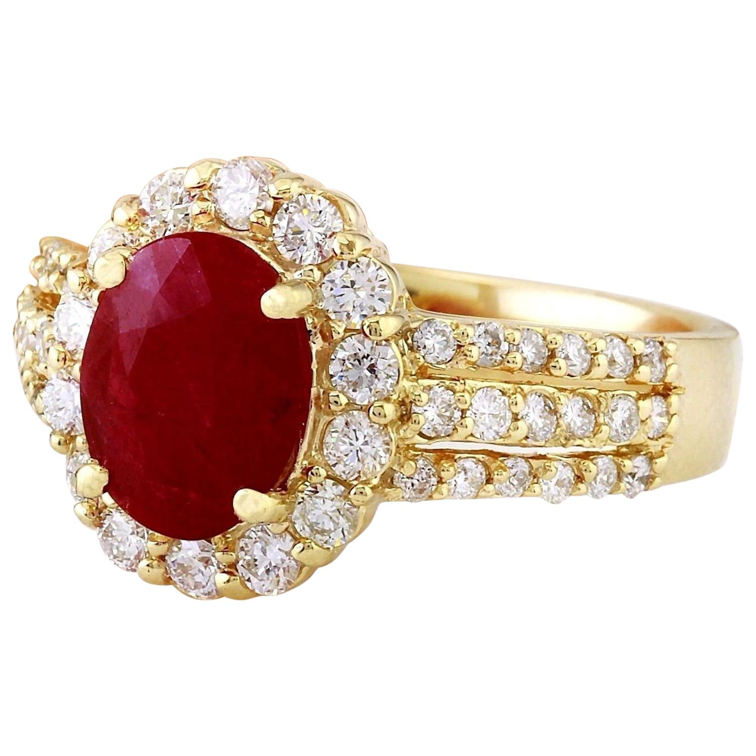 3.73 Carat Natural Ruby 14K Solid Yellow Gold Diamond Ring
 Item Type: Ring
 Item Style: Engagement
 Material: 14K Yellow Gold
 Mainstone: Ruby
 Stone Color: Red
 Stone Weight: 2.67 Carat
 Stone Shape: Oval
 Stone Quantity: 1
 Stone Dimensions: