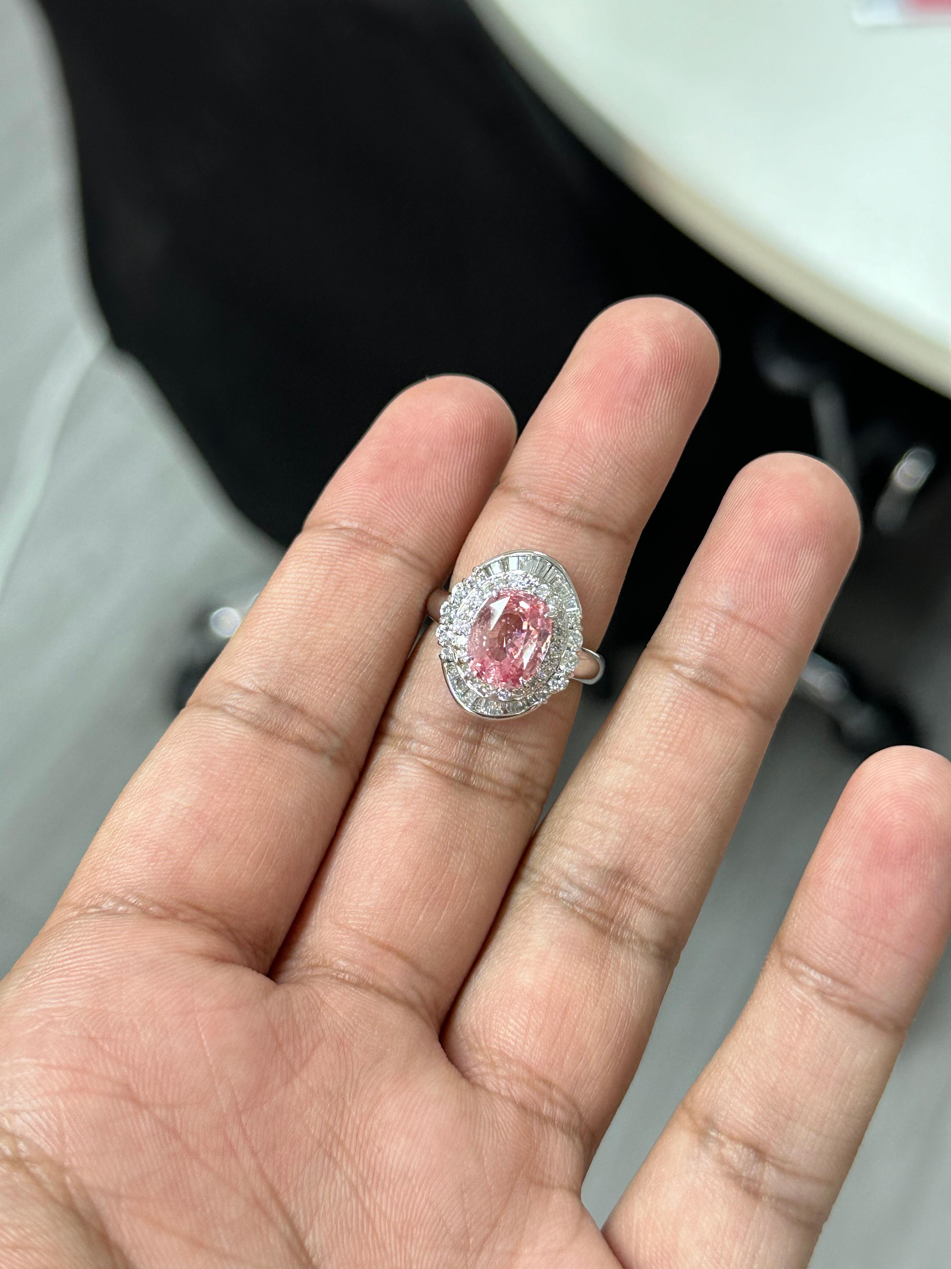 Art Deco 3.73 Carat No-Heat Padparadscha Sapphire & Diamond Ring in Platinum 900