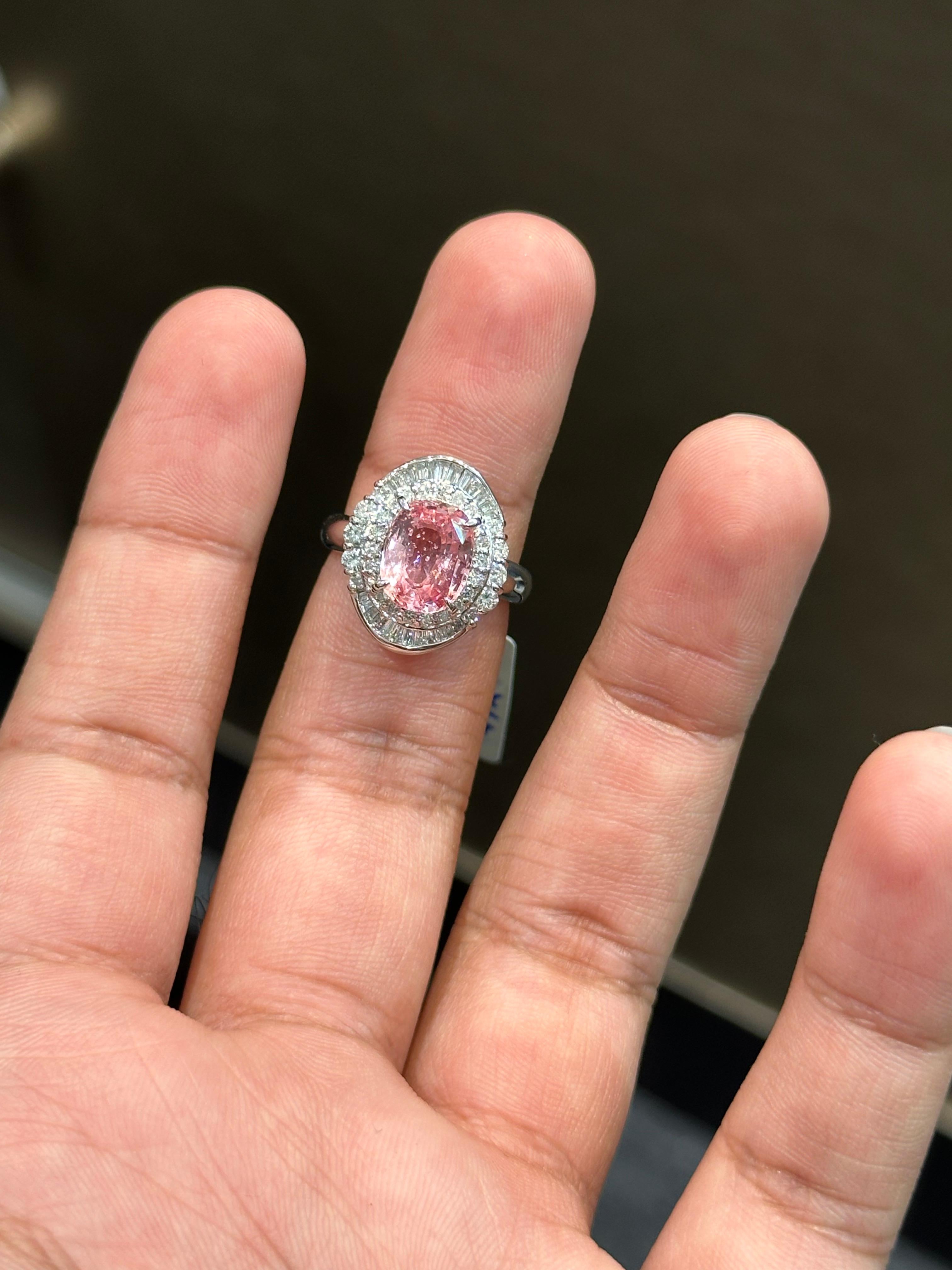 Oval Cut 3.73 Carat No-Heat Padparadscha Sapphire & Diamond Ring in Platinum 900