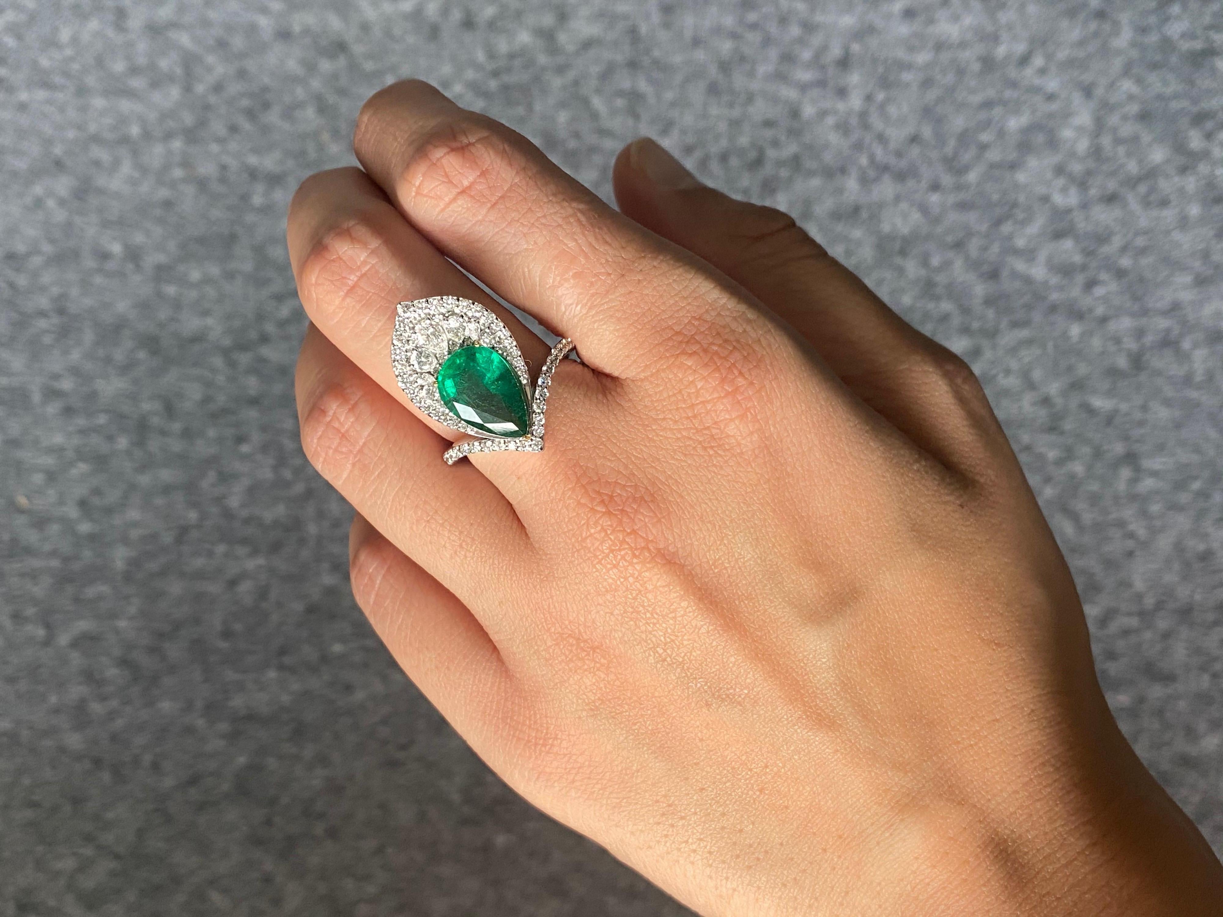 3.73 Carat Pear Shape Emerald and Diamond Cocktail Ring For Sale 1