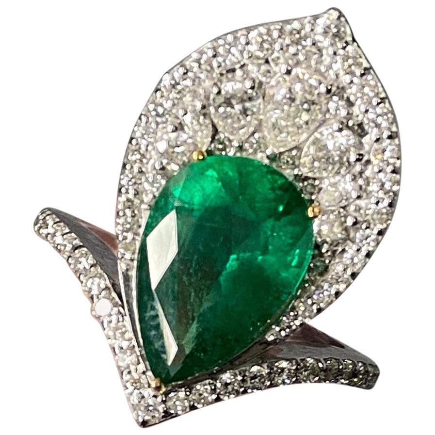 3.73 Carat Pear Shape Emerald and Diamond Cocktail Ring For Sale