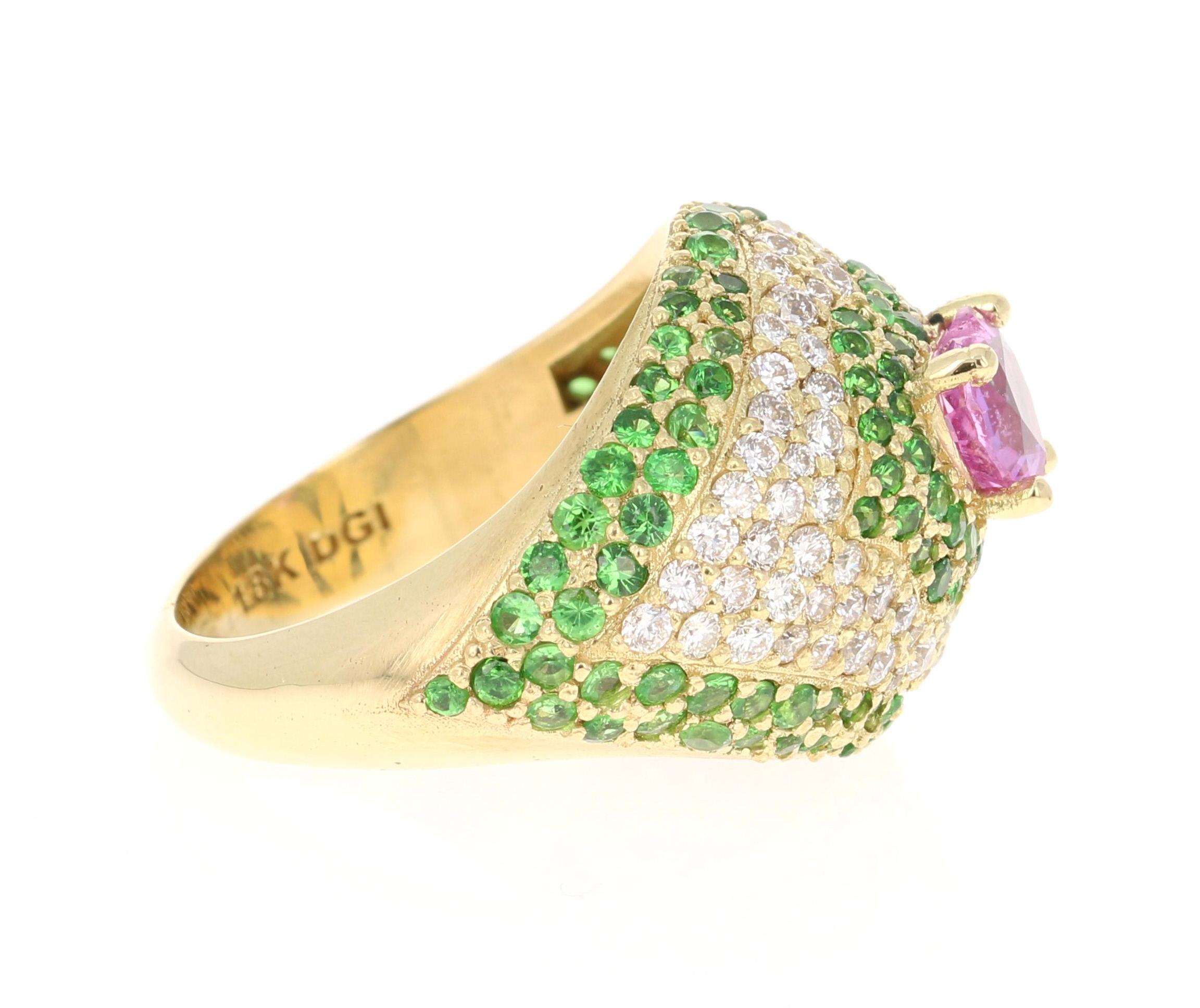 Modern 3.73 Carat Pink Sapphire Tsavorite Diamond 18 Karat Yellow Gold Ring
