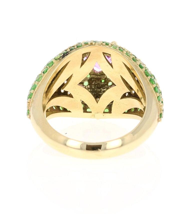 Heart Cut 3.73 Carat Pink Sapphire Tsavorite Diamond 18 Karat Yellow Gold Ring For Sale