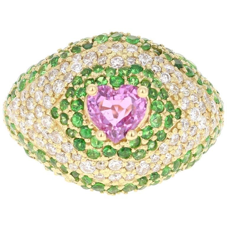 3.73 Carat Pink Sapphire Tsavorite Diamond 18 Karat Yellow Gold Ring For Sale