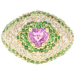 3.73 Carat Pink Sapphire Tsavorite Diamond 18 Karat Yellow Gold Ring