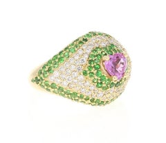 3.73 Carat Pink Sapphire Tsavorite Diamond 18 Karat Yellow Gold Statement Ring