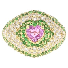 3.73 Carat Pink Sapphire Tsavorite Diamond 18 Karat Yellow Gold Statement Ring