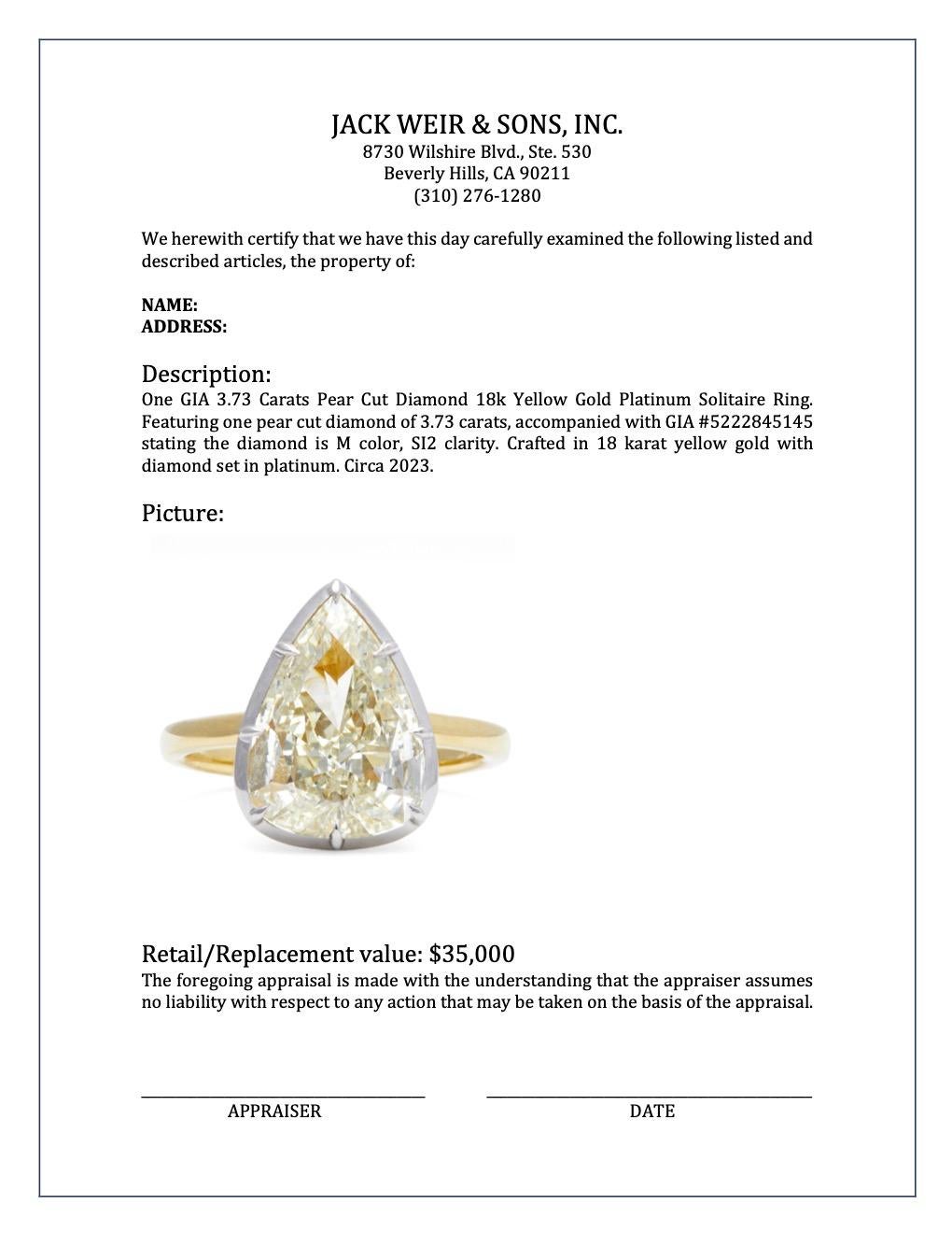 3.73 Carats Pear Cut Diamond 18k Yellow Gold Platinum Solitaire Ring 4