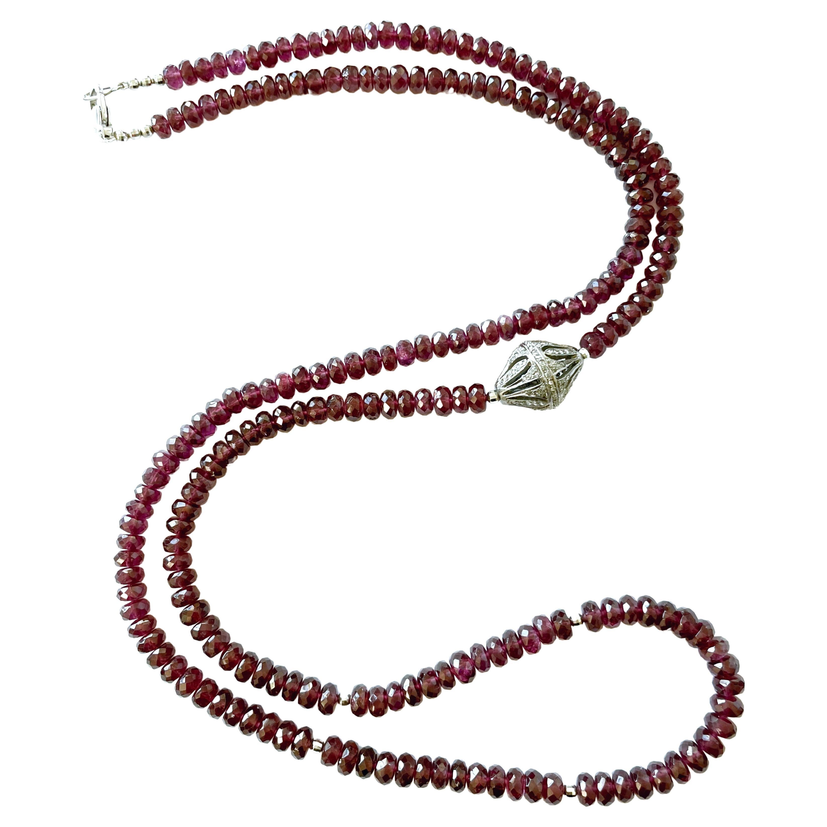 373 Carats Rhodolite Garnet with Large Pave Diamond Bead Necklace For Sale