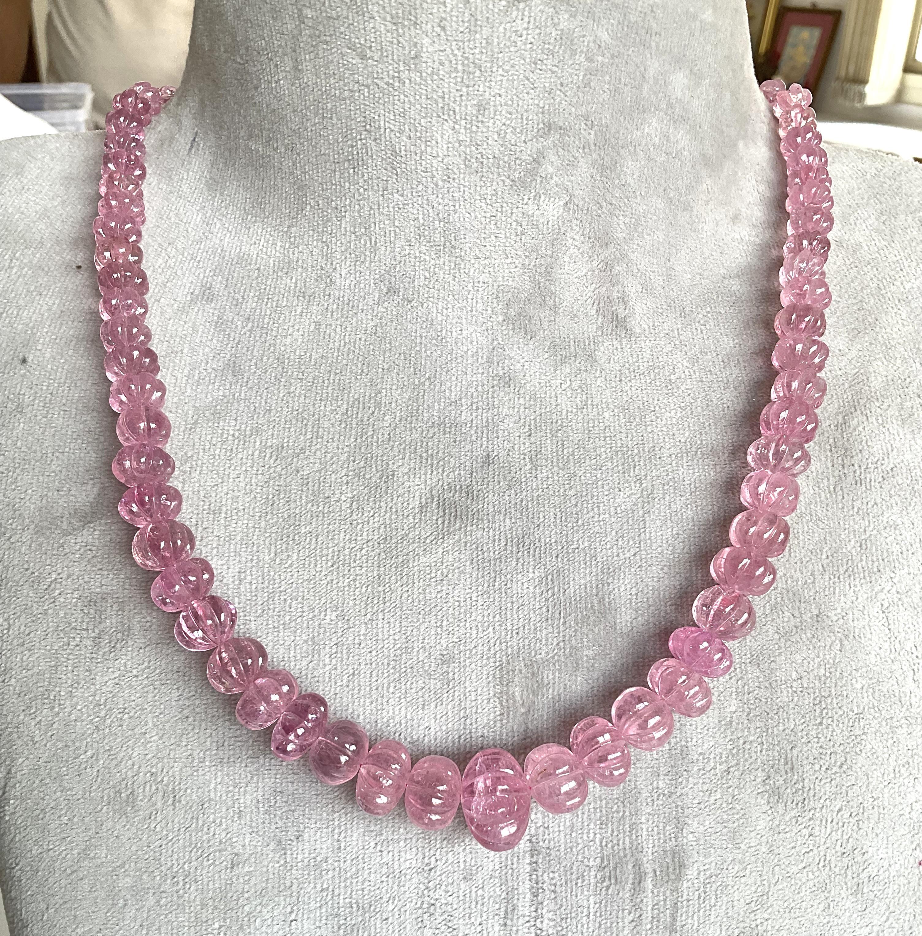 373.05 Carats pink Tourmaline carved melon beads necklace Jewelry Natural Gem For Sale 3
