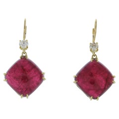 37.32 Carat Cabochon Rubelite & Diamond Earrings In 18K Yellow Gold