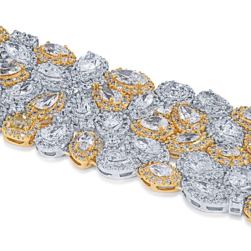 Contemporary 37.32 Carat Multi Shaped Diamond Bracelet in White and Yellow Gold For Sale