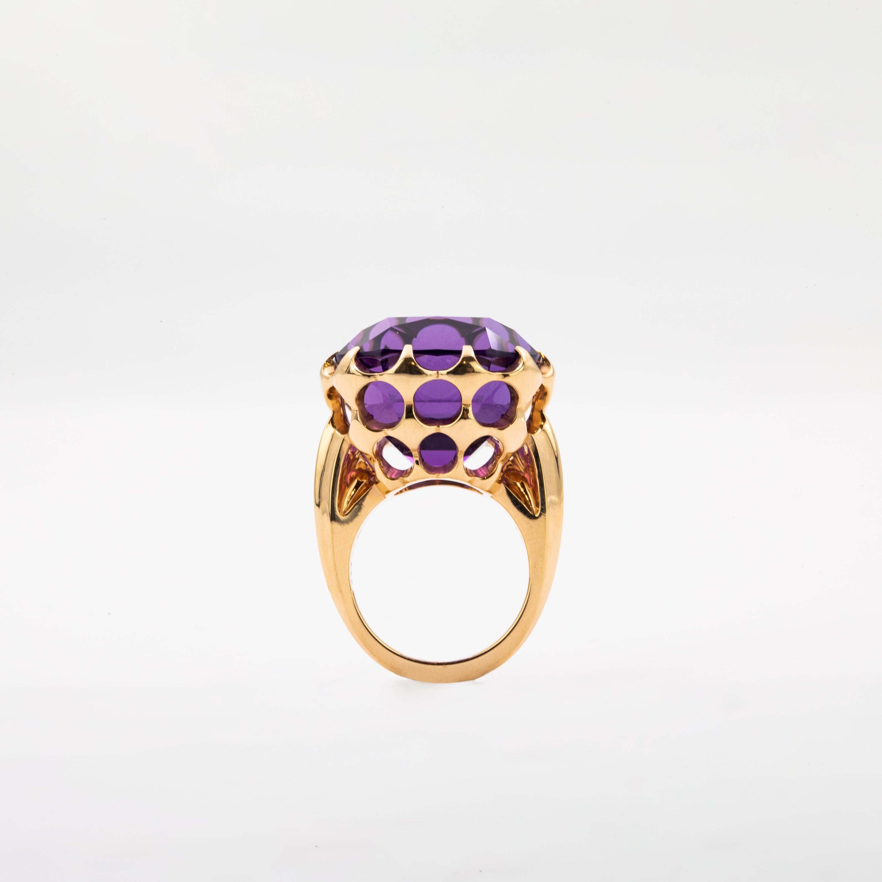 Contemporary 37.38 Carat Handmade Pink Gold Cushion-Cut Amethyst Cocktail Ring For Sale