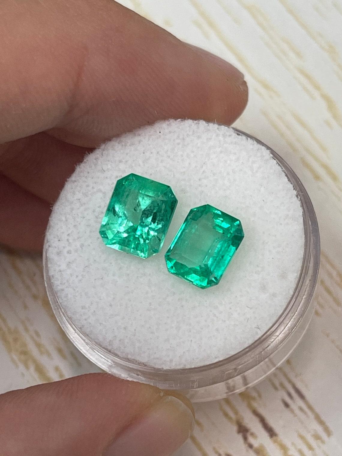 Modern 3.73tcw 8x6.5 Matching Green Colombian Emeralds - Emerald Cut Genuine Loose Pair For Sale