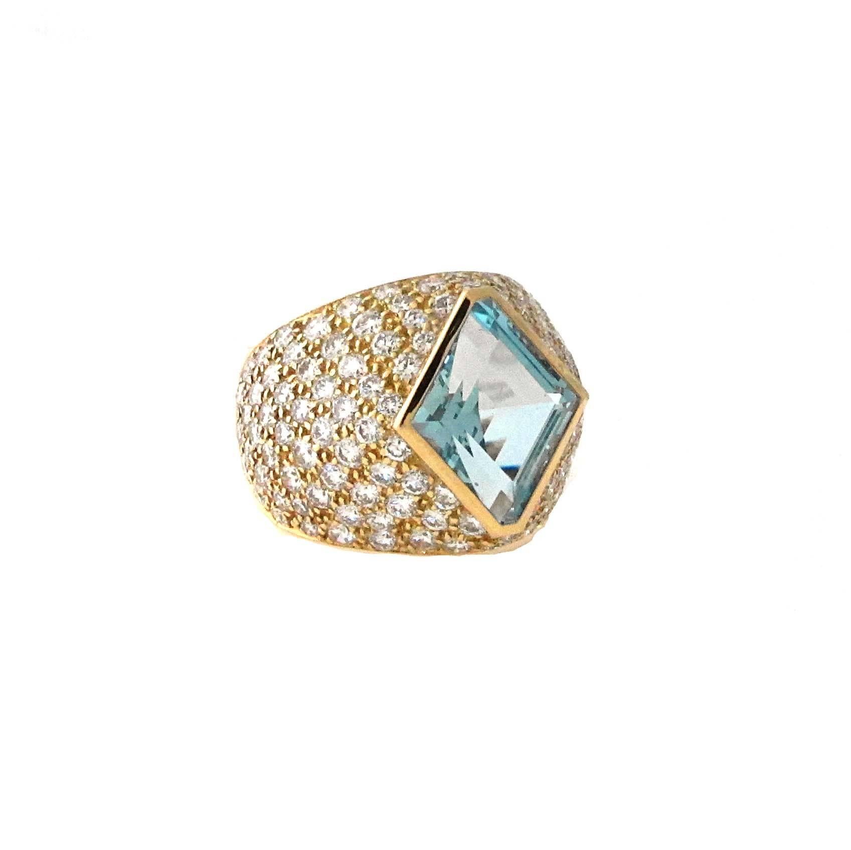 Aquamarine is the stone of the year after Meghan Markle wore one at the Royal Wedding. This 3.74 carat lozenge shaped aqua is set in a gorgeous 18kt yellow gold and diamond mounting. The ring is approximately a size 6 but can be sized up or down 1/2