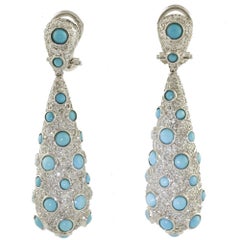 3.74 Carat Diamonds, Turquoise, White Gold Earrings