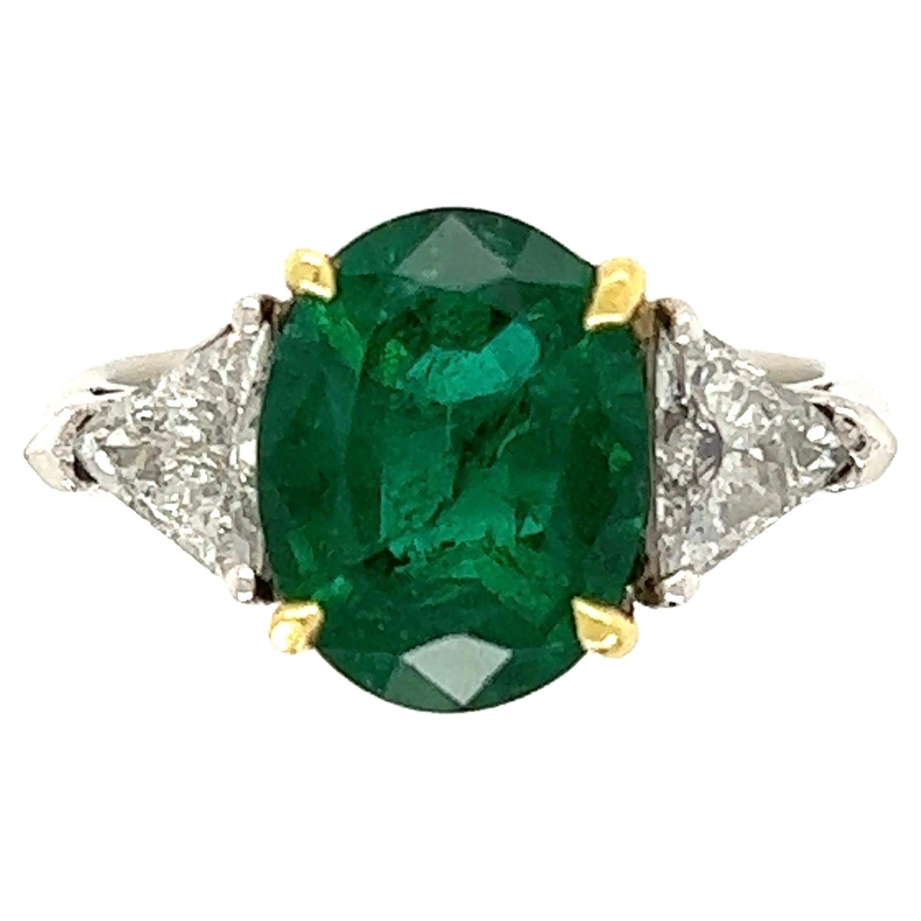 3.74 Carat Emerald and Trillion Diamond Platinum Ring Estate Fine Jewelry