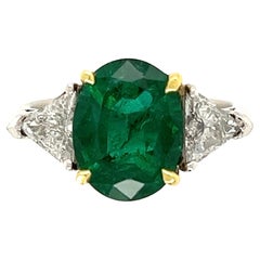 3.74 Carat Emerald and Trillion Diamond Platinum Ring Estate Fine Jewelry