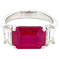 3.74 Carat Emerald Cut Burmese Ruby and Diamond Gold Engagement Ring