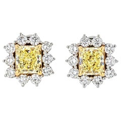 3.74 Carat Fancy Yellow Radiant Cut Halo Set Diamond Stud Earrings