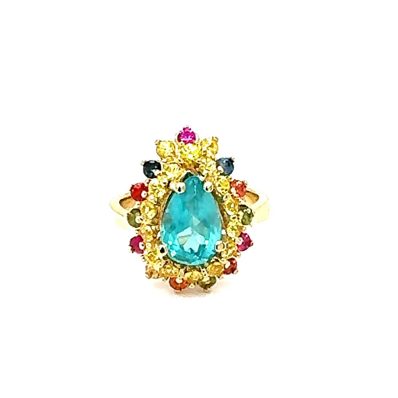 3.74 Carat Natural Apatite Sapphire Yellow Gold Cocktail Ring

This ring has a 2.23 Carat Pear Cut Apatite in the center of the ring and is surrounded by 14 Round Cut Yellow Sapphires and 15 Round Cut Multi-Color Sapphires that weigh 1.51 Carats. 