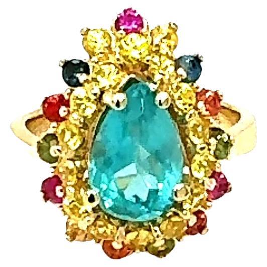 3.74 Carat Natural Apatite Sapphire Yellow Gold Cocktail Ring For Sale