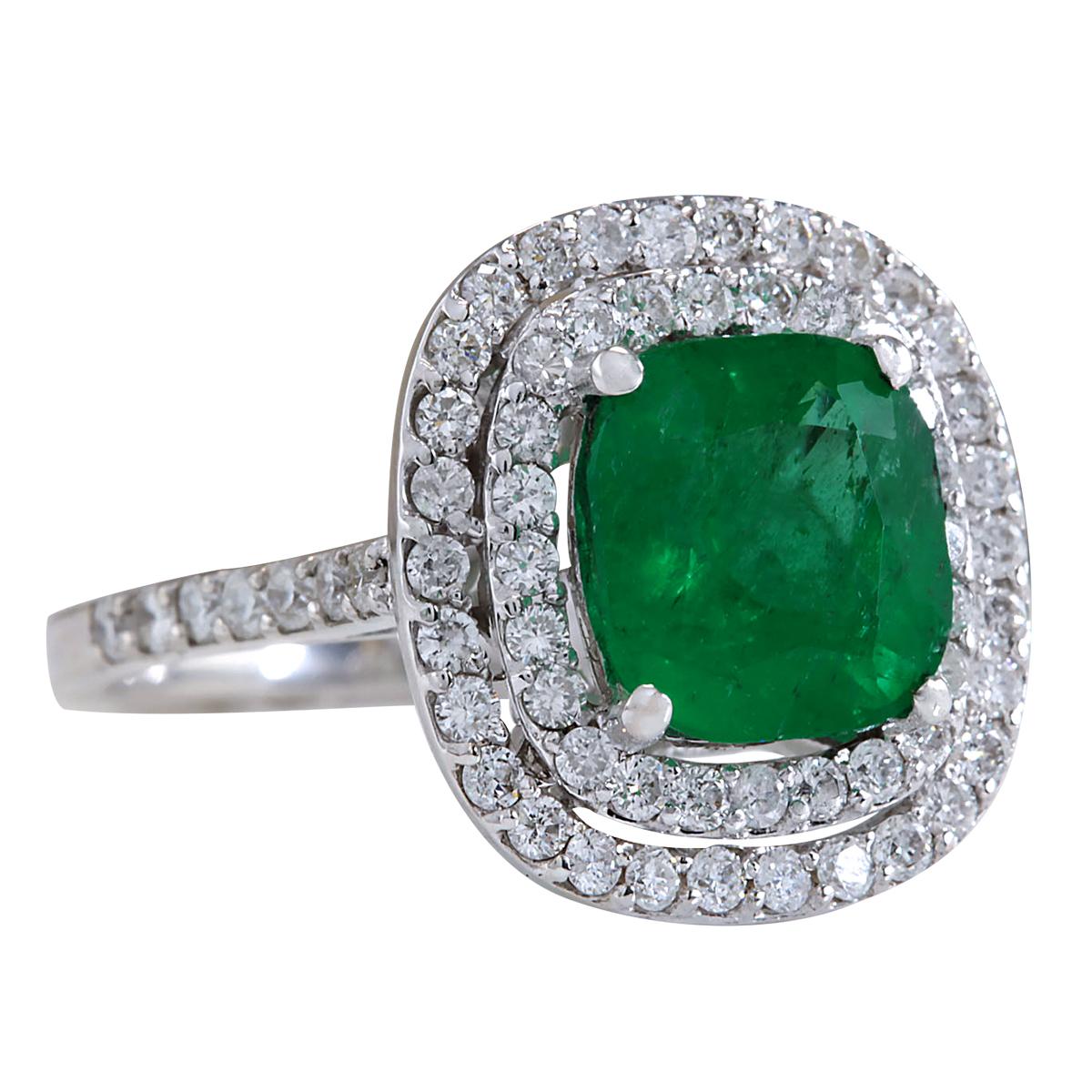 3.74 Carat Natural Emerald 14 Karat White Gold Diamond Ring
Stamped: 14K White Gold
Total Ring Weight: 5.2 Grams
Total Natural Emerald Weight is 2.74 Carat (Measures: 8.50x8.50 mm)
Color: Green
Total Natural Diamond Weight is 1.00 Carat
Color: F-G,