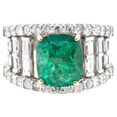 3.74 Carat Natural Emerald and Diamond Cocktail Ring Set in Platinum and Gold