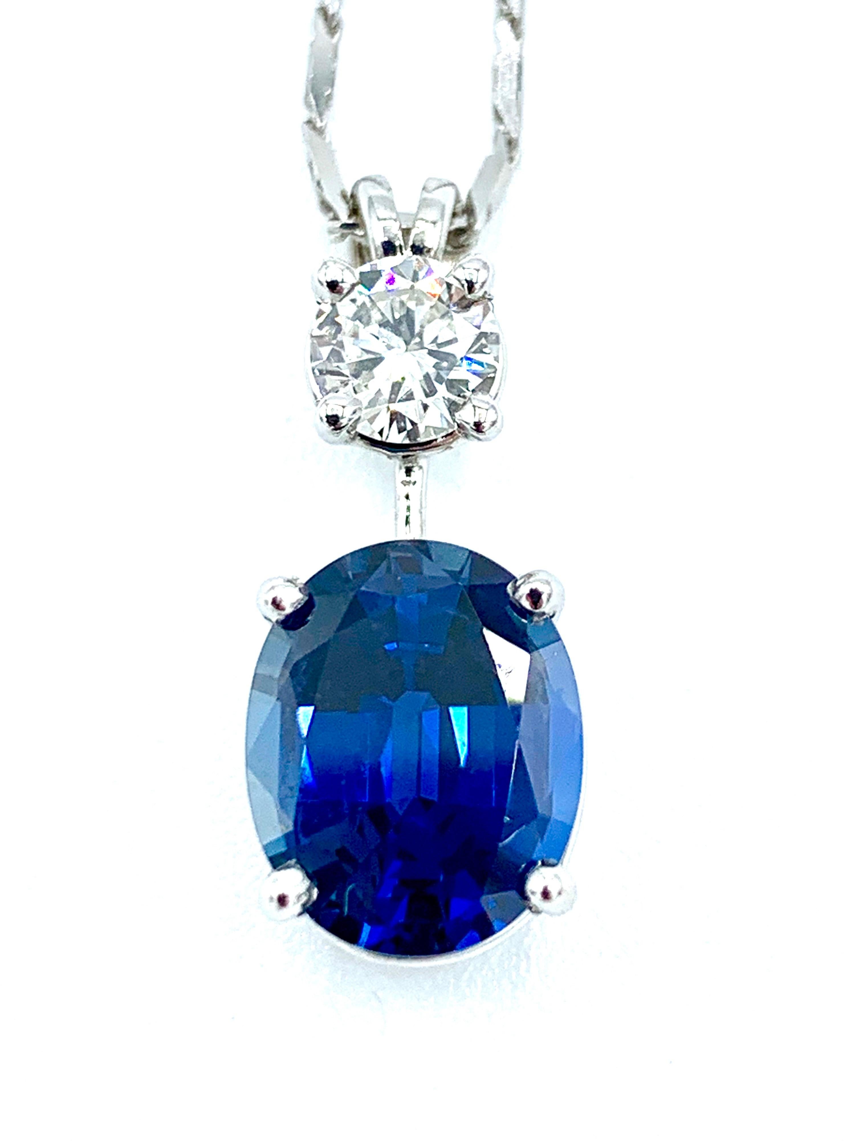 3.74 Carat No Heat Oval Sapphire and Round Brilliant Diamond Pendant Necklace 1