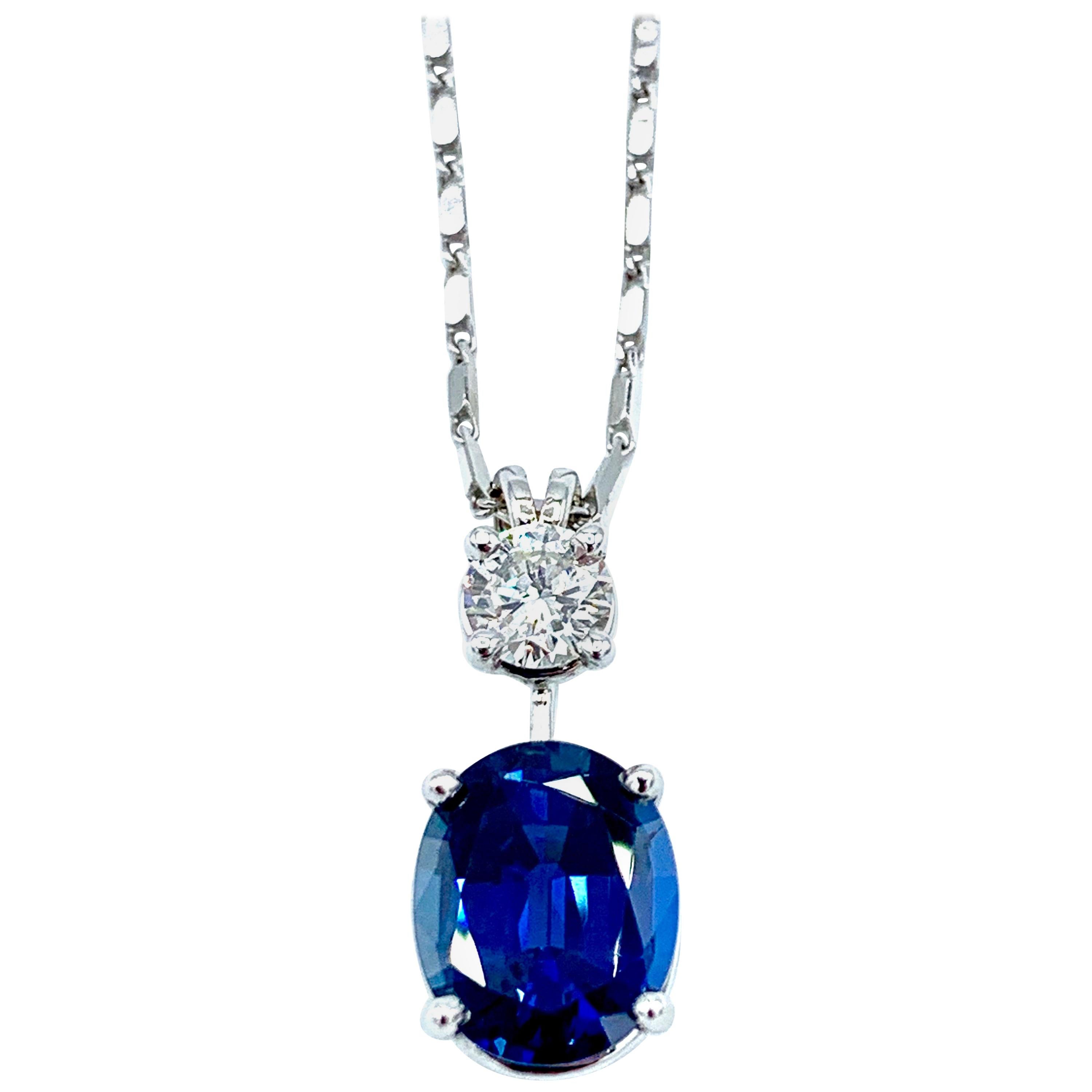 3.74 Carat No Heat Oval Sapphire and Round Brilliant Diamond Pendant Necklace