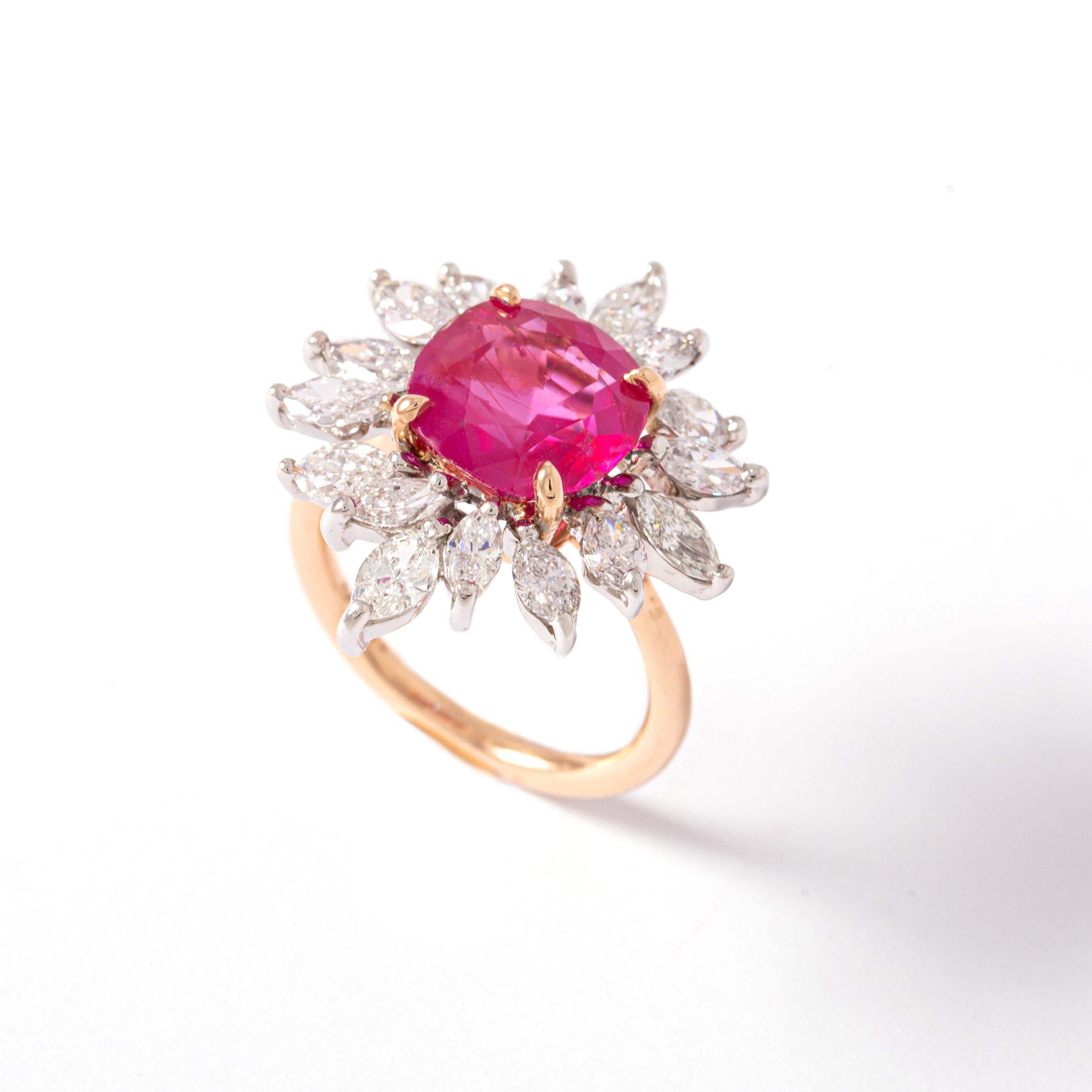 Contemporary 3.74 Carat Ruby Burmese No Heat and Diamond Ring For Sale