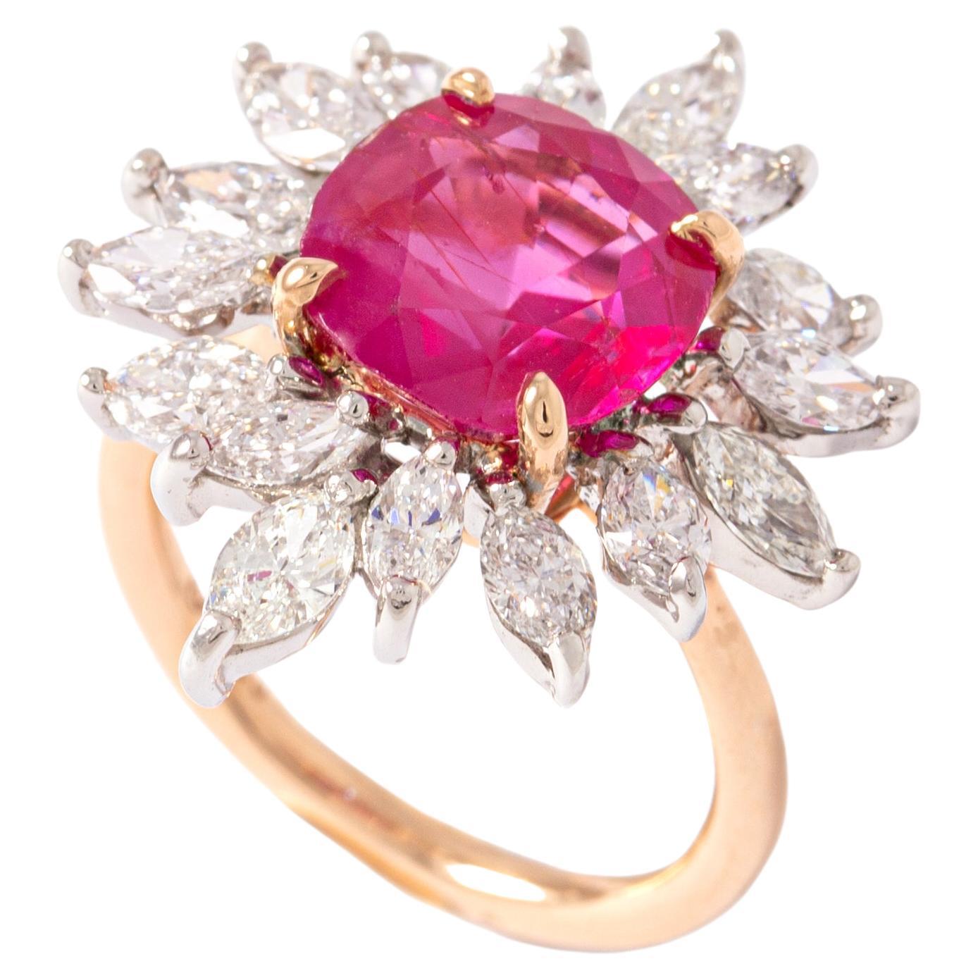 3.74 Carat Ruby Burmese No Heat and Diamond Ring For Sale