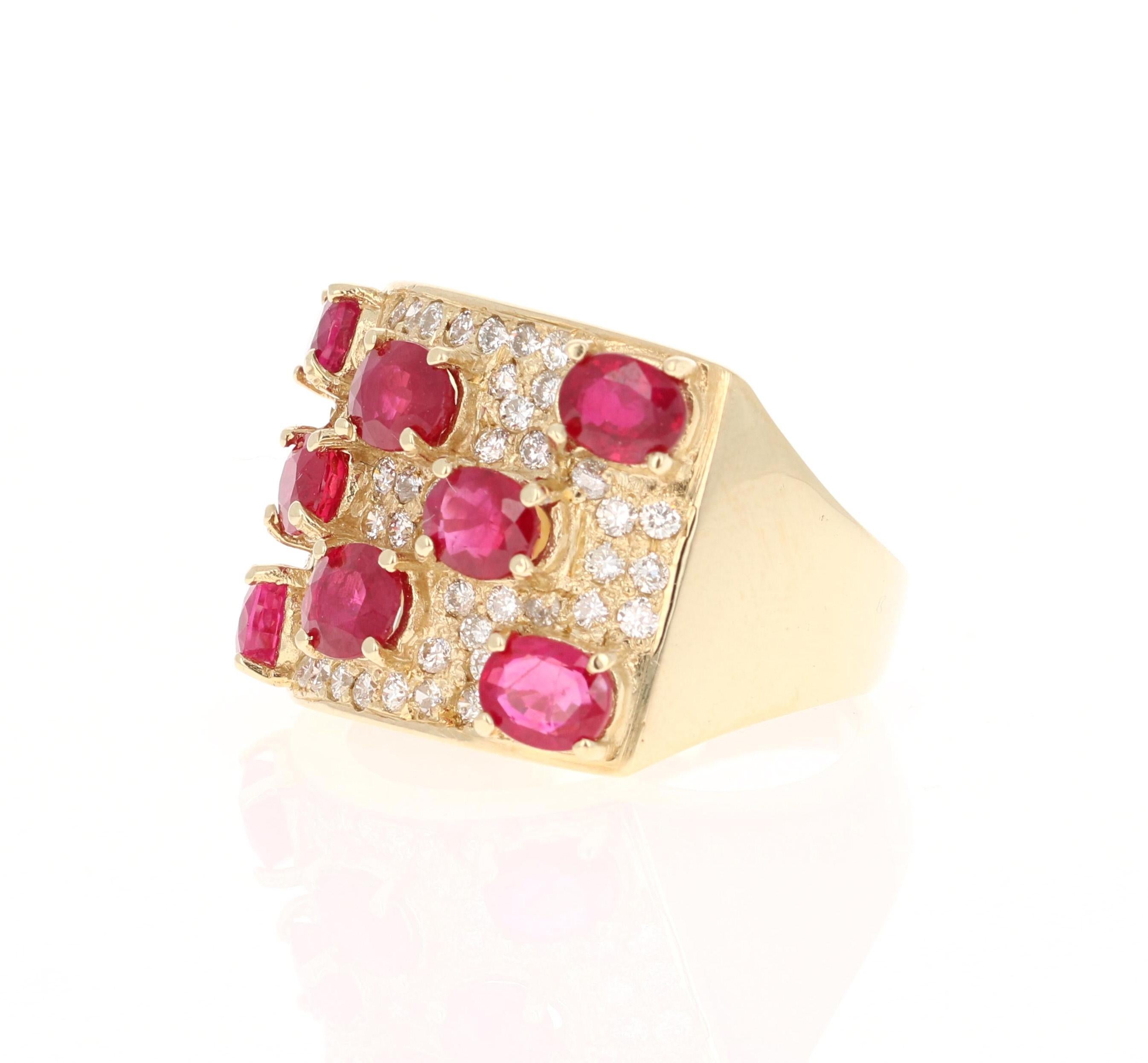 Contemporary 3.74 Carat Ruby Diamond 14 Karat Yellow Gold Cocktail Ring For Sale