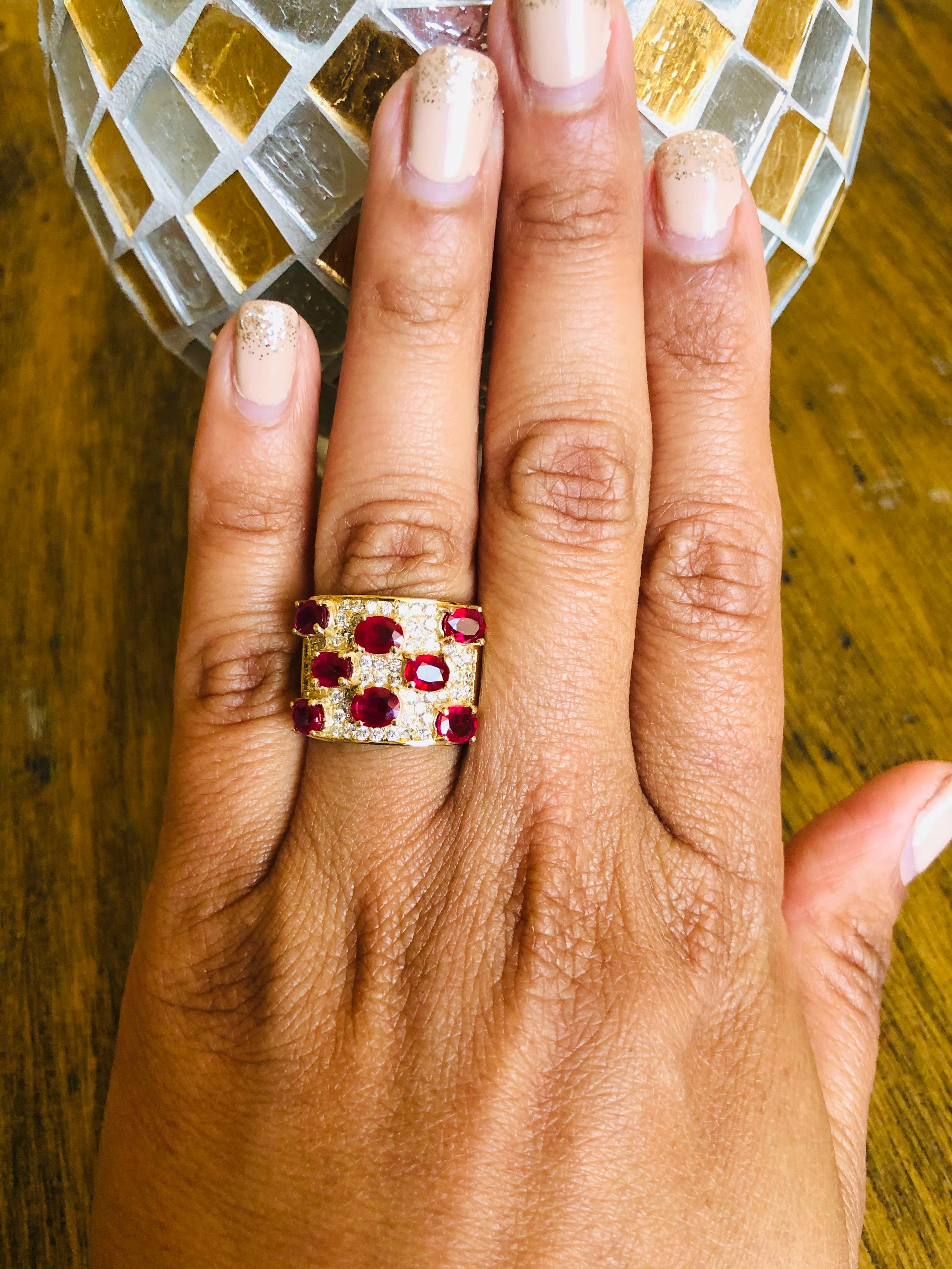 3.74 Carat Ruby Diamond 14 Karat Yellow Gold Cocktail Ring In New Condition For Sale In Los Angeles, CA