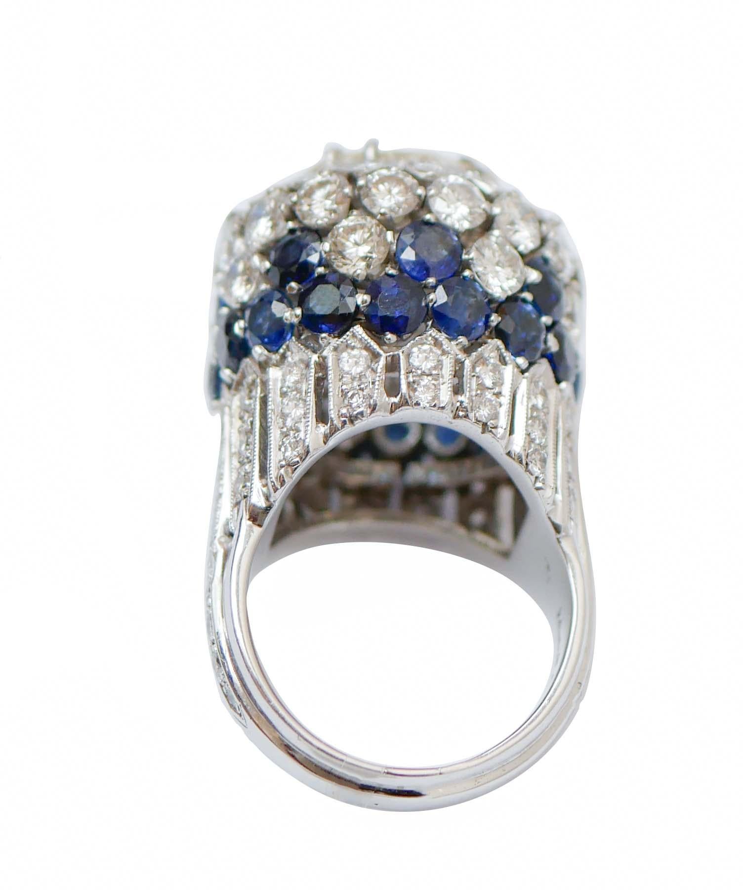 Retro 3.74 Carats Diamond, Sapphires, Diamonds, 18 Karat White Gold Ring. For Sale
