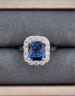 3.74 ct Cushion-Cut Natural Ceylon No Heat Sapphire 
Diamond Ring