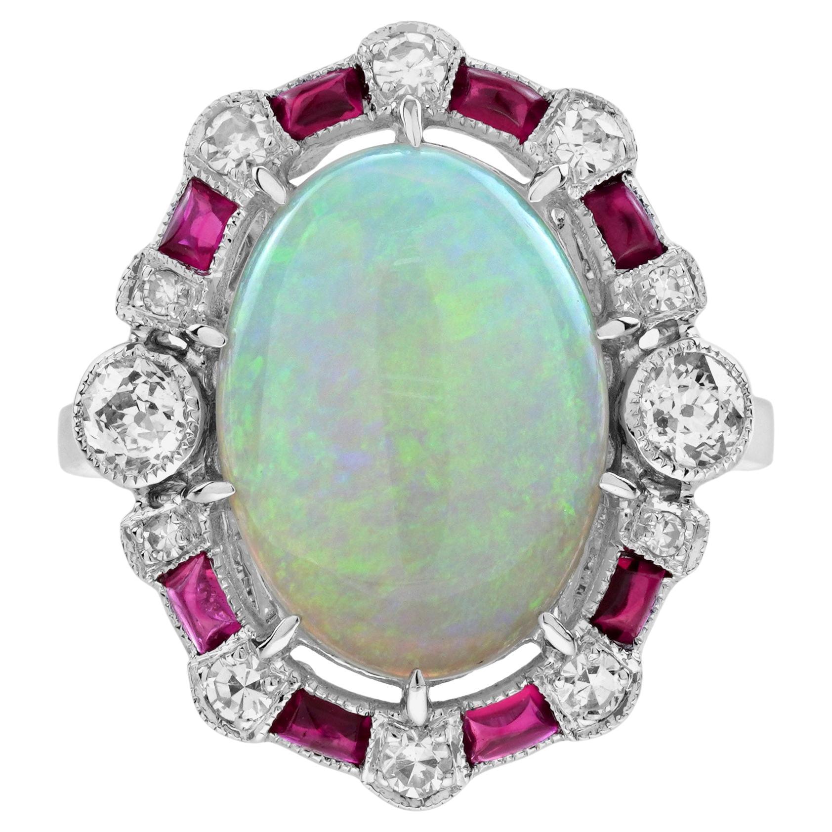 3,74 Ct. Anello da cocktail in stile Art Déco con rubino opale e diamanti taglio antico in oro 18 carati