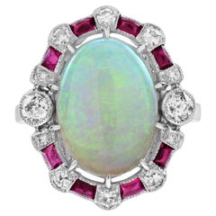 3.74 Ct. Opal Ruby Old Cut Diamond Art Deco Style Cocktail Ring in 18K Gold