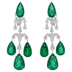 37.43 Ct Natural Diamond With Emerald Earring  18k White Gold Dangle Earrings