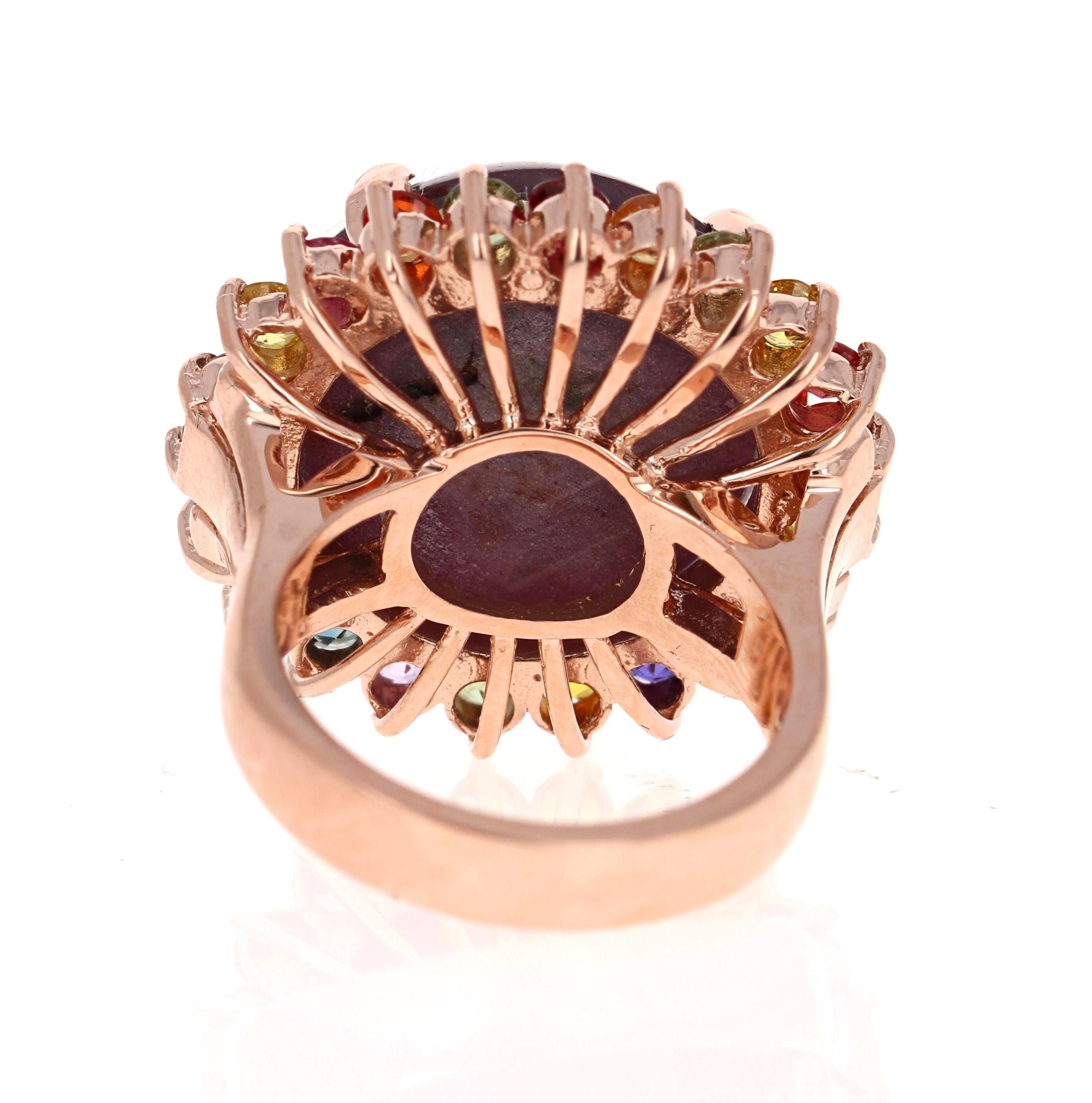 Cabochon GIA Certified 37.55 Carat Star Ruby and Sapphire 14K Rose Gold Cocktail Ring
