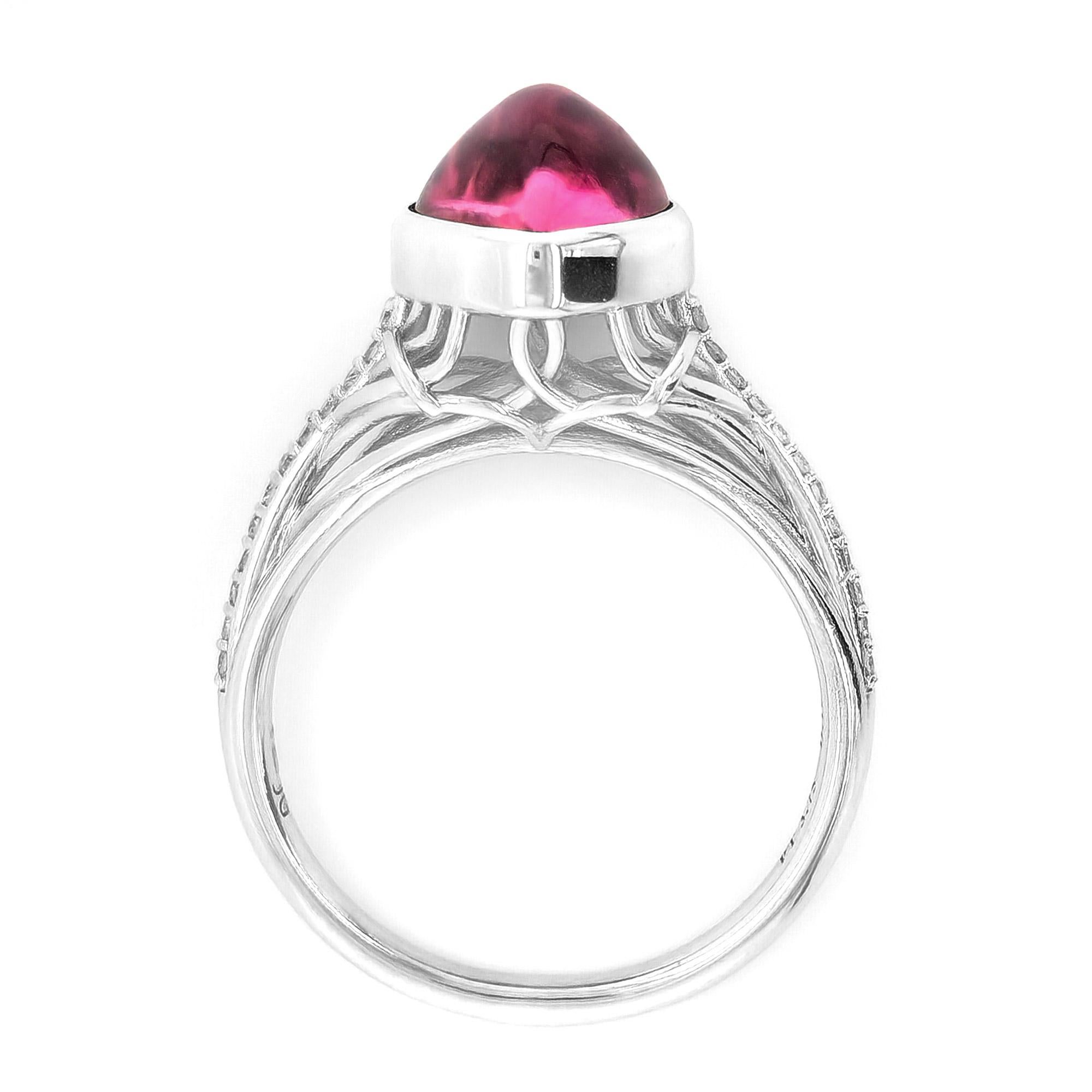 Cabochon 3.75 Сarats Pink Tourmaline Diamonds set in 18K White Gold Ring For Sale