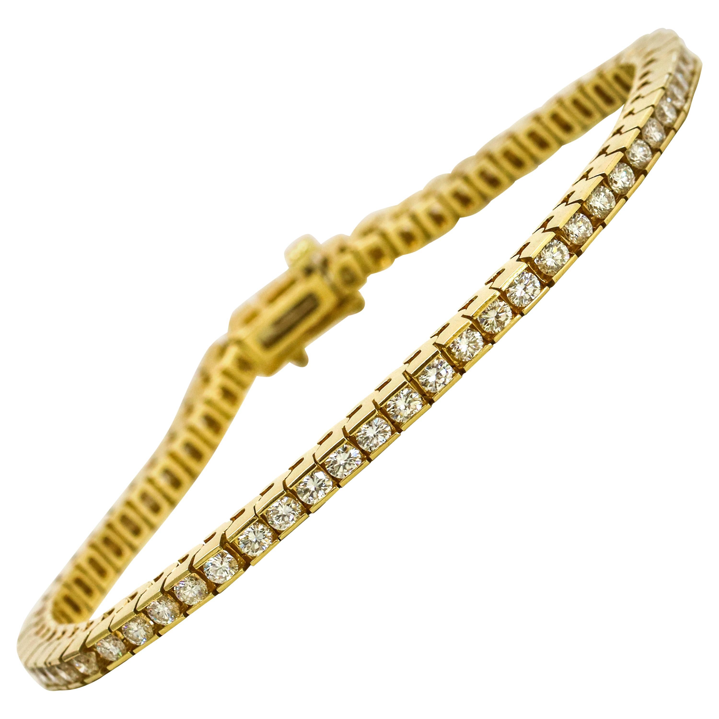 3.75 Carat 14 Karat Yellow Gold Channel Set Diamond Tennis Bracelet For Sale