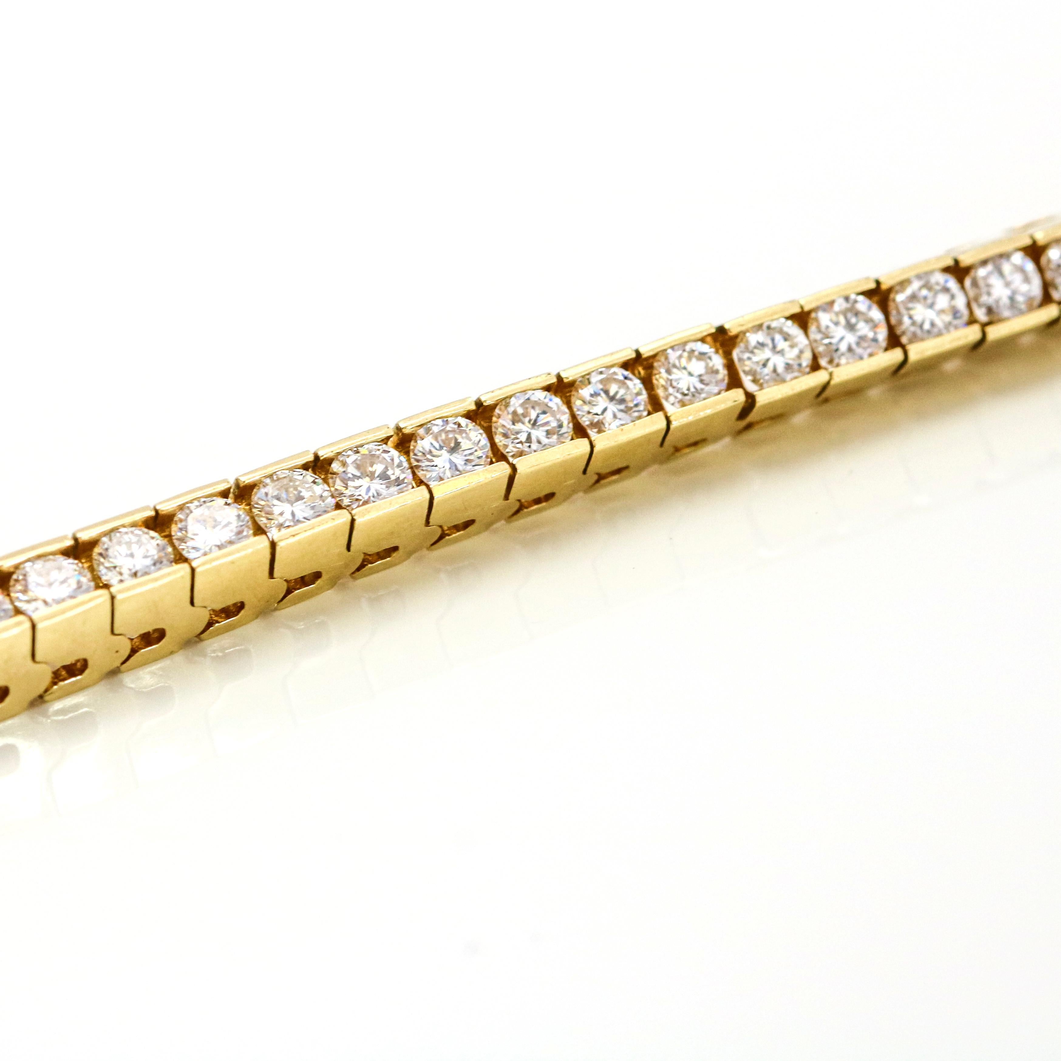 Round Cut 3.75 Carat 14 Karat Yellow Gold Channel Set Diamond Tennis Bracelet For Sale