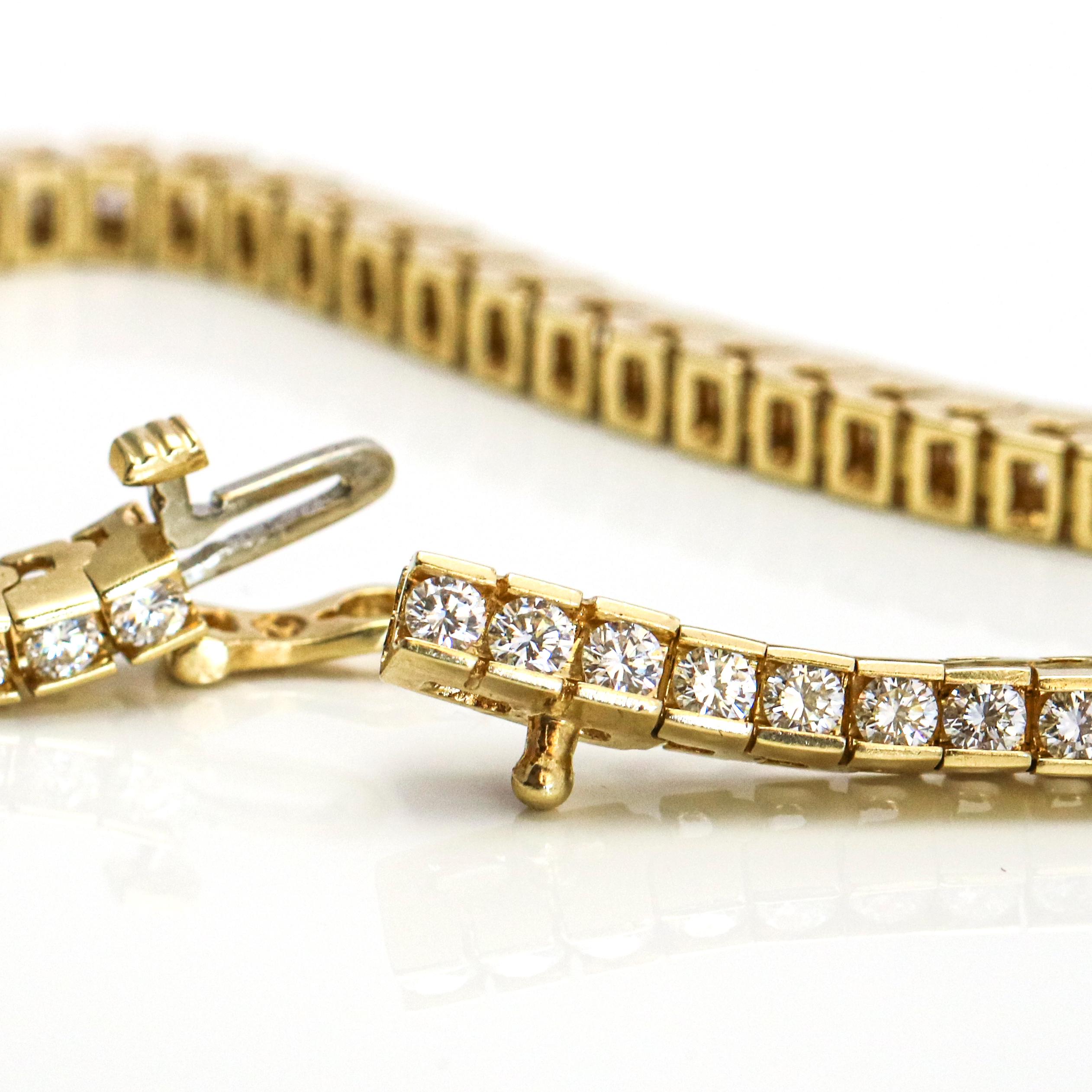 Women's or Men's 3.75 Carat 14 Karat Yellow Gold Channel Set Diamond Tennis Bracelet For Sale