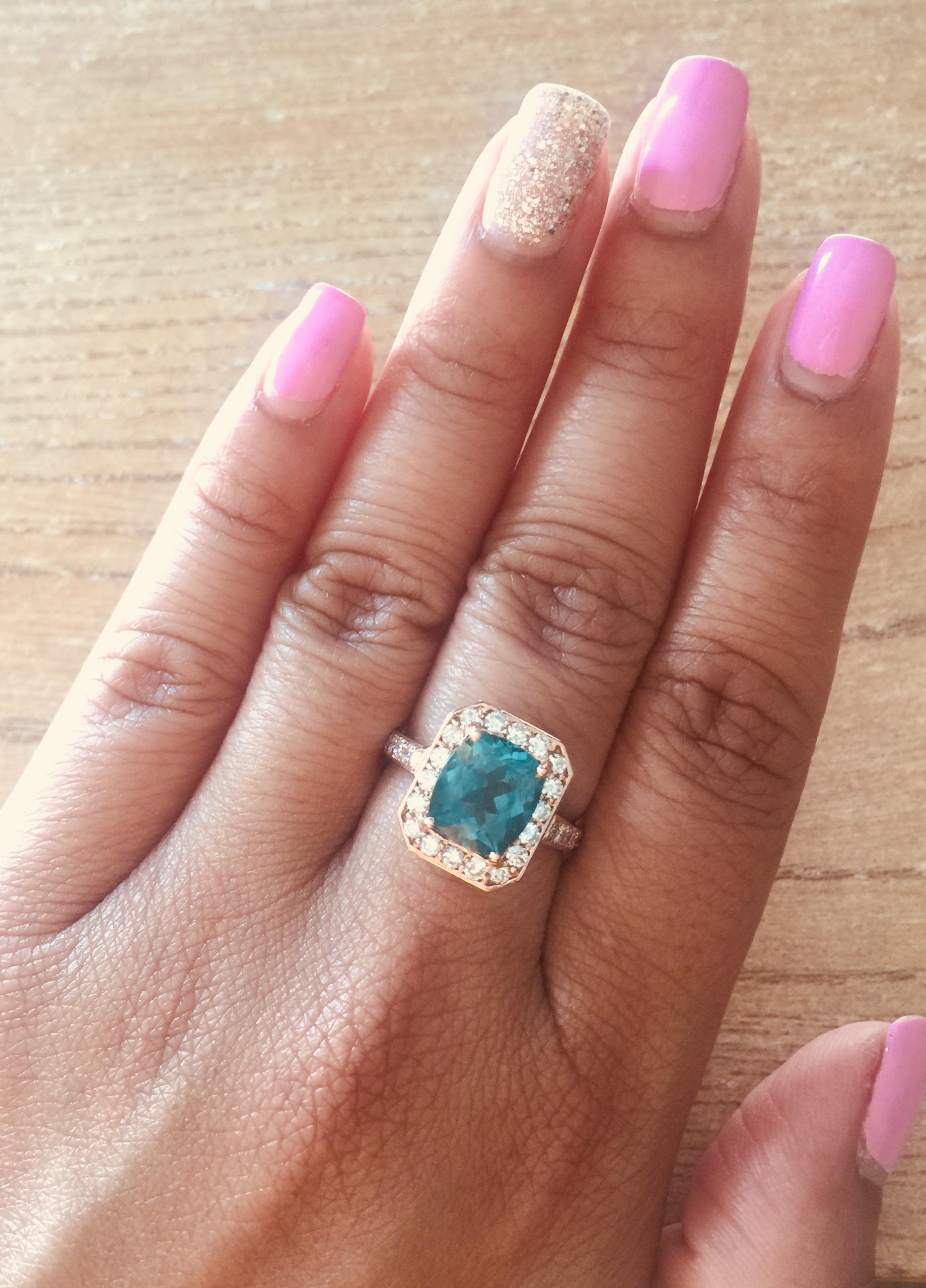 Modern 3.75 Carat Apatite Diamond 14K Rose Gold Halo Engagement Ring