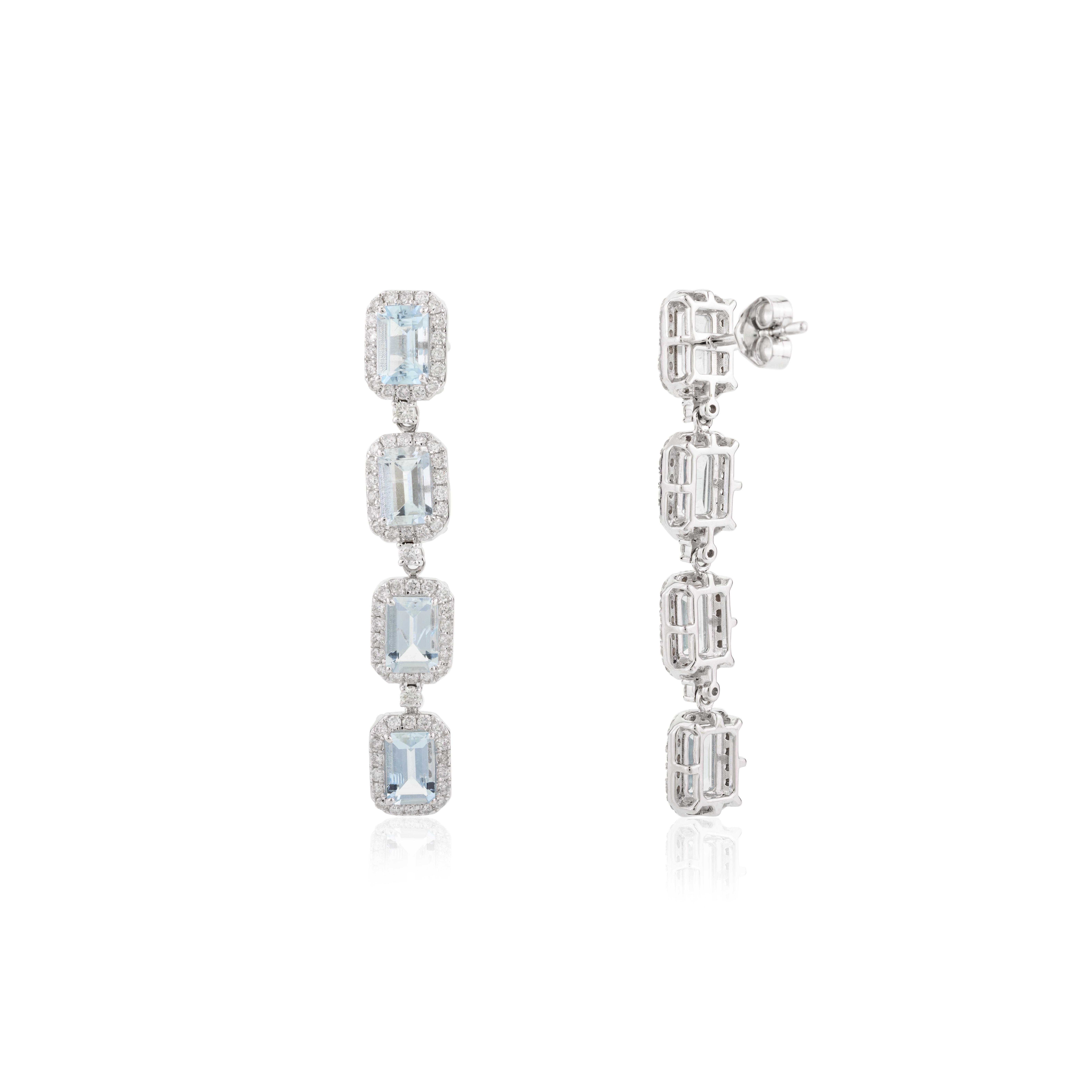 3,75 Karat Aquamarin Diamant Halo lange Ohrringe in 18k massivem Weißgold (Modernistisch) im Angebot