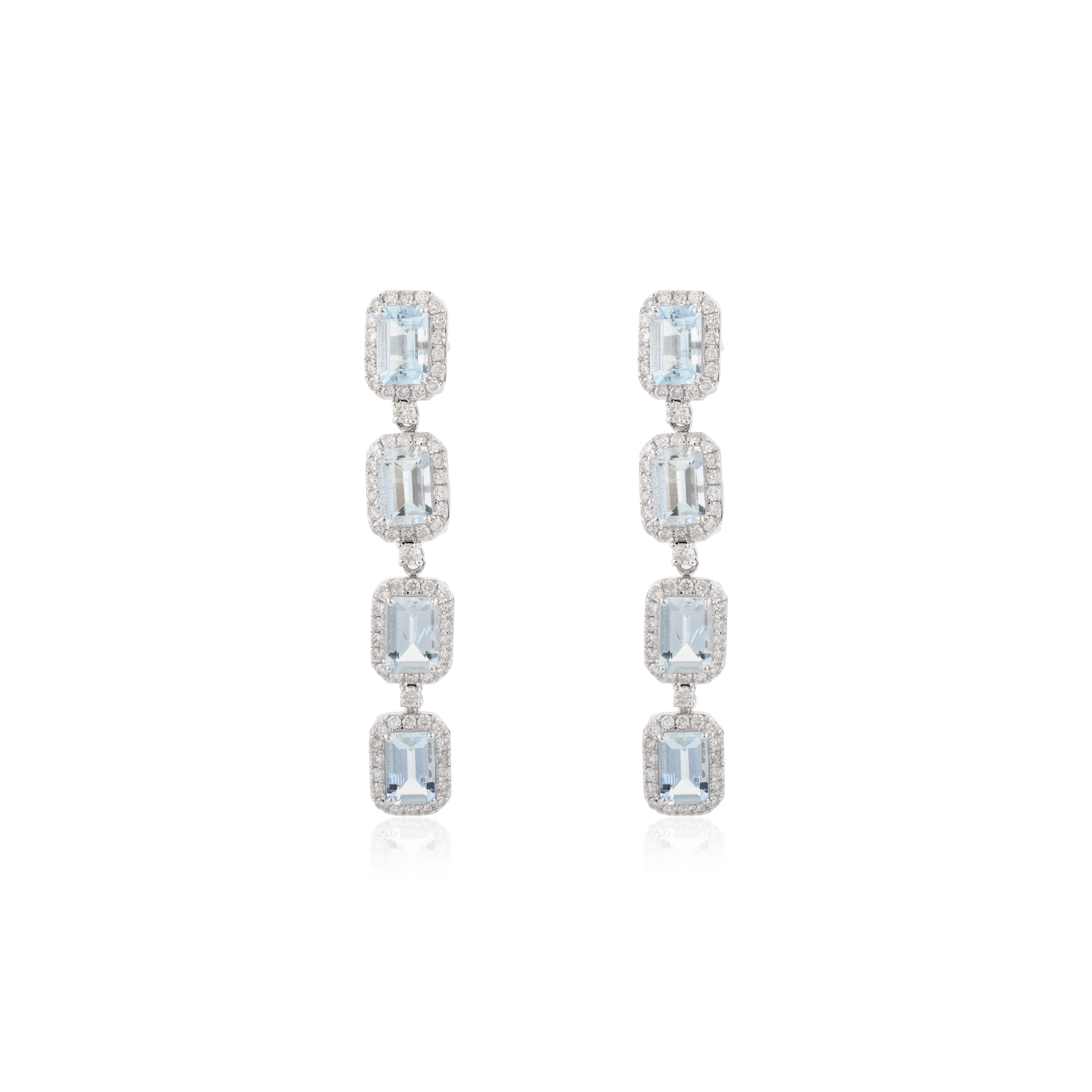3,75 Karat Aquamarin Diamant Halo lange Ohrringe in 18k massivem Weißgold im Zustand „Neu“ im Angebot in New York, NY
