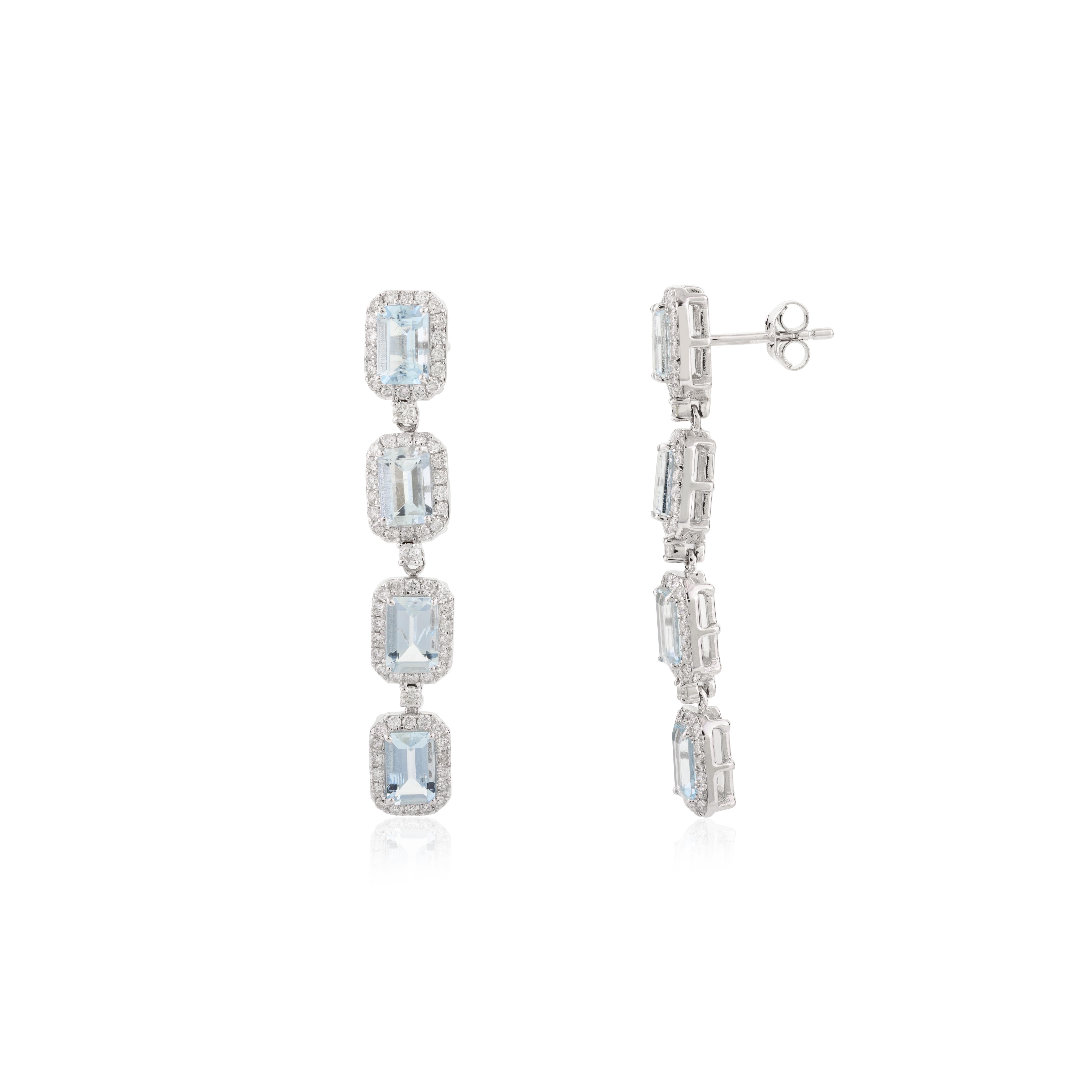 3,75 Karat Aquamarin Diamant Halo lange Ohrringe in 18k massivem Weißgold im Angebot 1